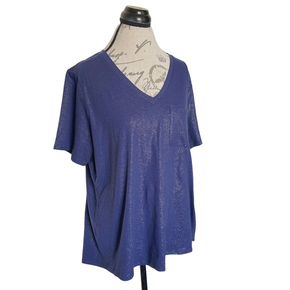 BCG Womens Blouse Top Blue Metallic V Neck Tee Size Plus 1X Short Sleeve NWT - Picture 2 of 12